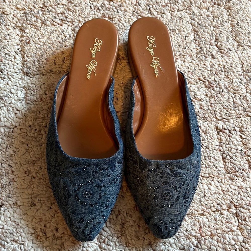 Kevyn Wynn embellished Denim blue sparkle mules size 8